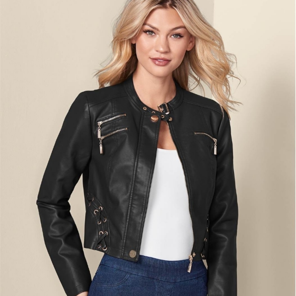 Lace up faux leather jacket